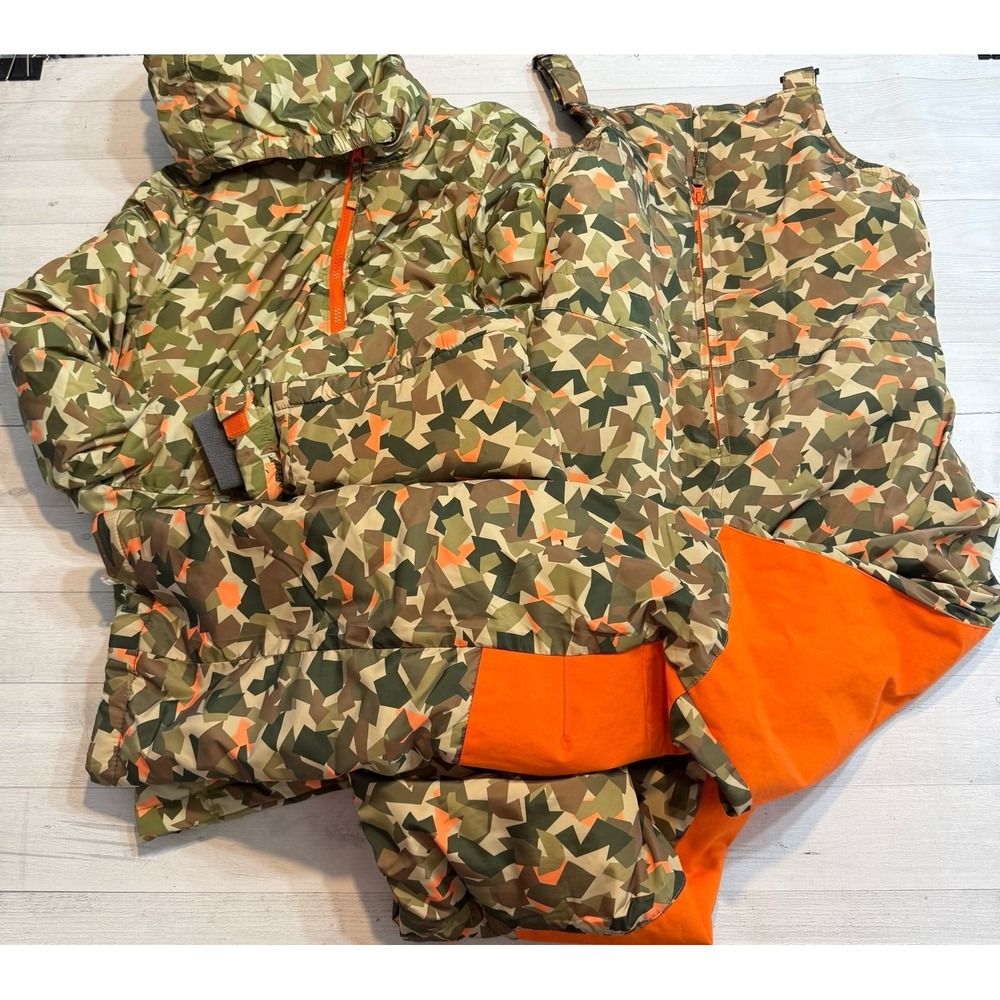 Lands' End kids insulated snow jacket and and snow bibs green orange geo XL14/16